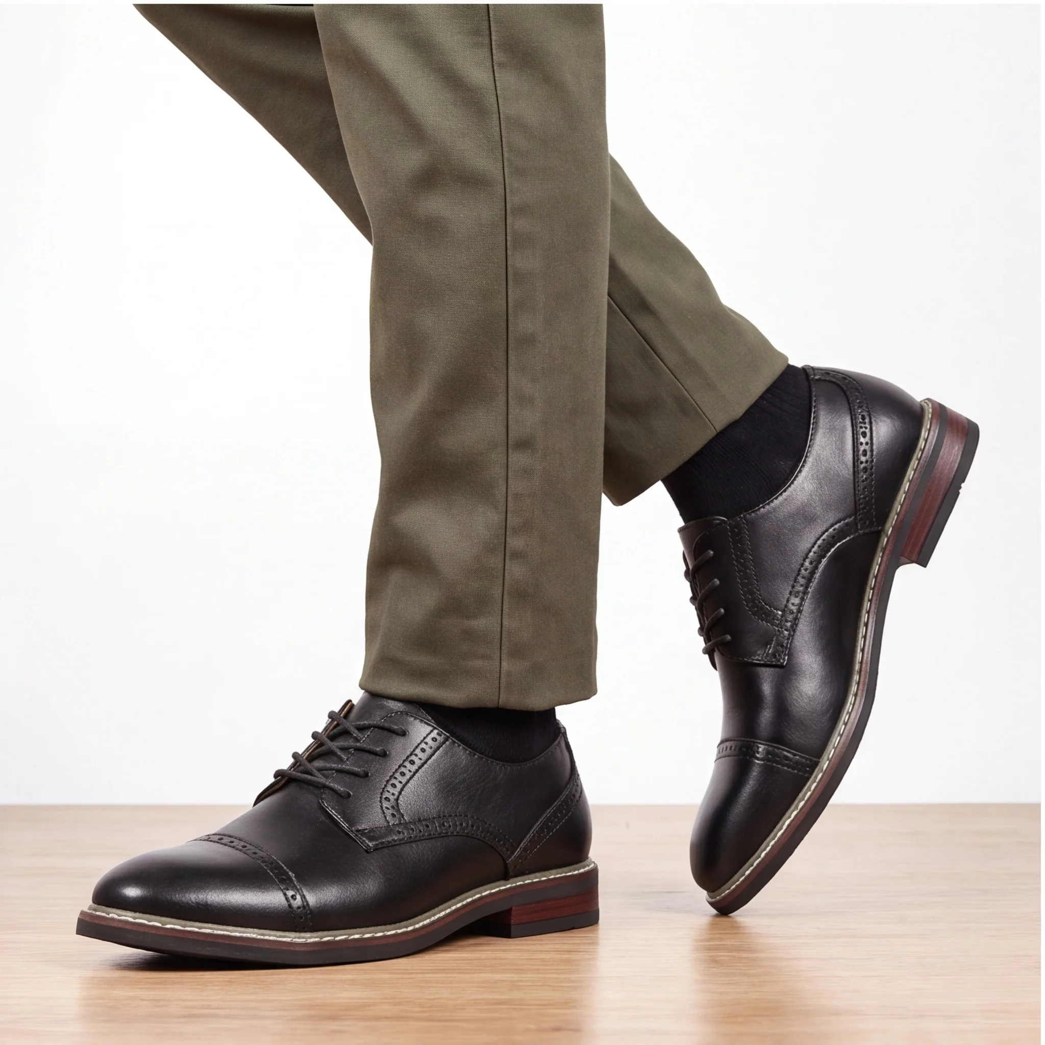 Men's Dress Shoes Open-Lacing Profile Shoes For Man Business Shoes Man Contrast Edge Stitching Red Heel-Layer Accent