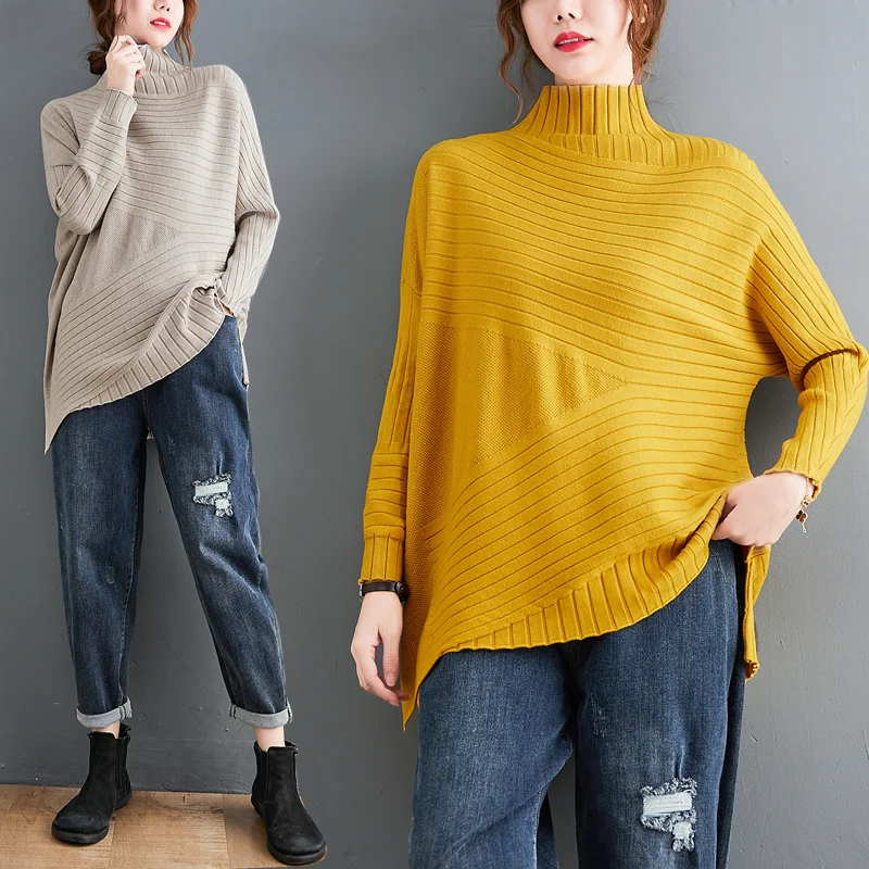 

Большие размеры, осенне-зимний трикотаж, длинный свек, свободный высокий воротник, утягивающий базовый слой, повседневный художественный женский модный свитер