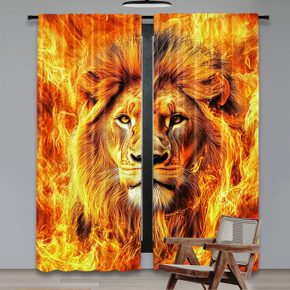 2Pcs Lion In Flames Curtains Burning Flame Lion Head Curtains Lion Art Curtains Apply To Bedroom Living Room Dorm