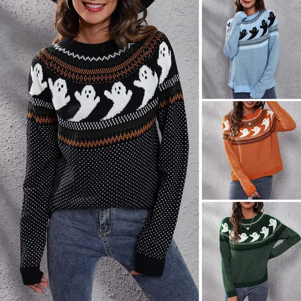 Women Pullover Sweater Ladies Sweater Halloween Style Women's Knitted Sweater Cartoon Ghost Print Hollow Out Long Sleeve Thick