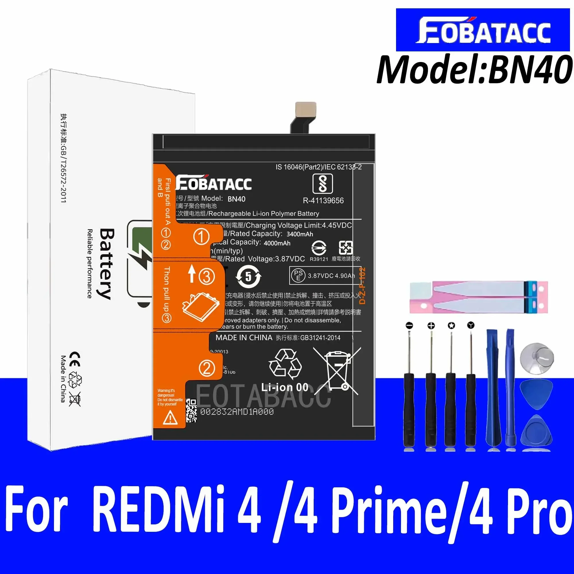 

EOTABACC 100% New Original Battery BN40 For XIAOMI REDMi 4 32G/ REDMi 4 Prime/REDMi 4 Pro Battery +Tools