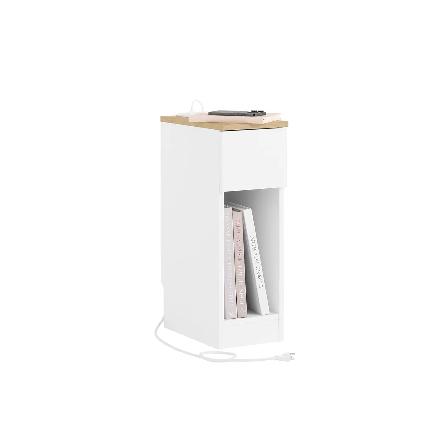 

Narrow Nightstand Charging Station Slim Bedside Table USB Type-C Ports Dorm Bedroom Living Room White Customized