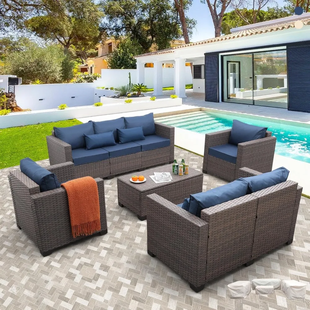 

Wicker Patio Furniture Set 5 Pieces Outdoor Furniture Chairs and Couch Storage Table Anti-Slip Cushions and Waterproof Covers