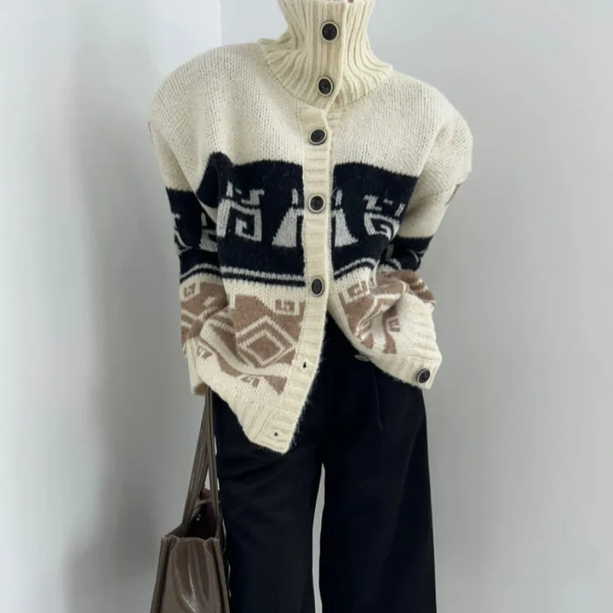 女性のハイカラーソフトセーター Jaet 韓国 Sle シックな秋冬ユニークなデザインルーズフィットロング Sve カーディガン