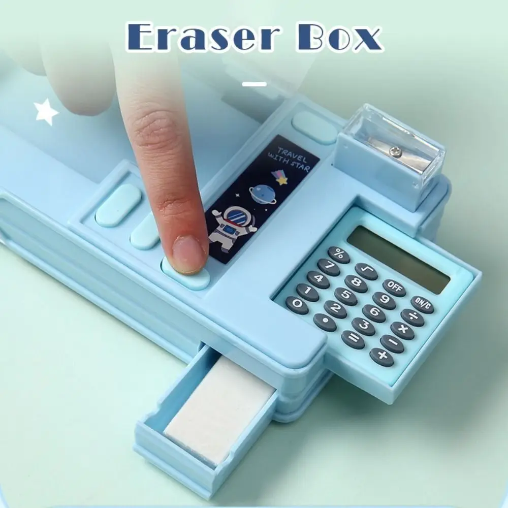 Double Layer Pencil Case With Calculator Astronaut/Animal Design Stationery Storage Box Pencil Sharpener Plastic