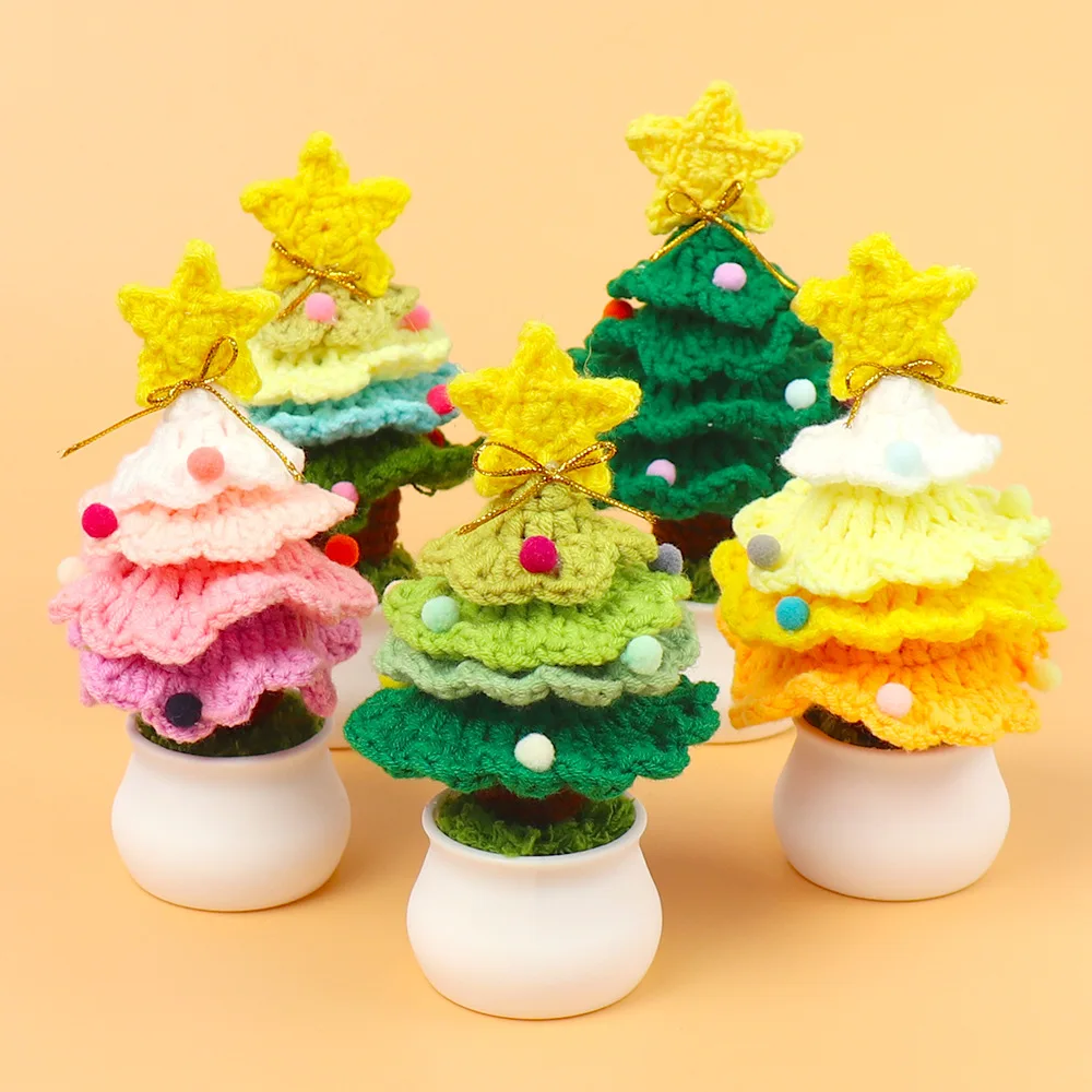 Crochet Flowers Hand-knitted Christmas Tree Potted Artificial Flower Plants Woven Bonsai New Year Navidad Party Table Decoration