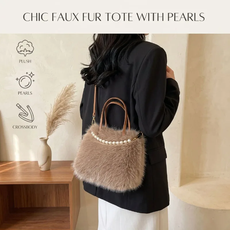 Trendy Plush Faux Fur Mini Square Crossbody Bag with Pearl Chain Top Handle Cute Chic Handbag Gift for Women.