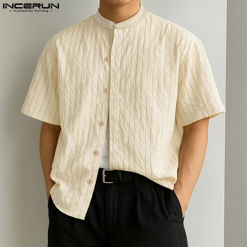 

INCERUN Men Striped Shirt Stand Collar Short Sleeve Button Loose Men Clothing Summer Streetwear 2025 Fashion Casual Male Shirts