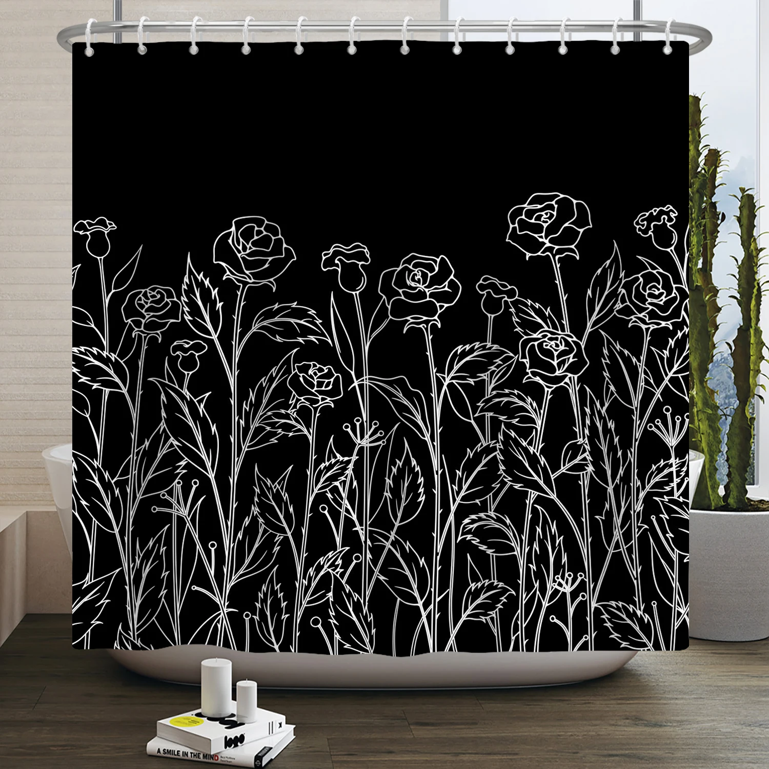 

Black and White Shower Curtain Line Drawing Romantic Rose Flowers Leaves Bathroom Curtains Modern Art Waterproof Bathing Screen