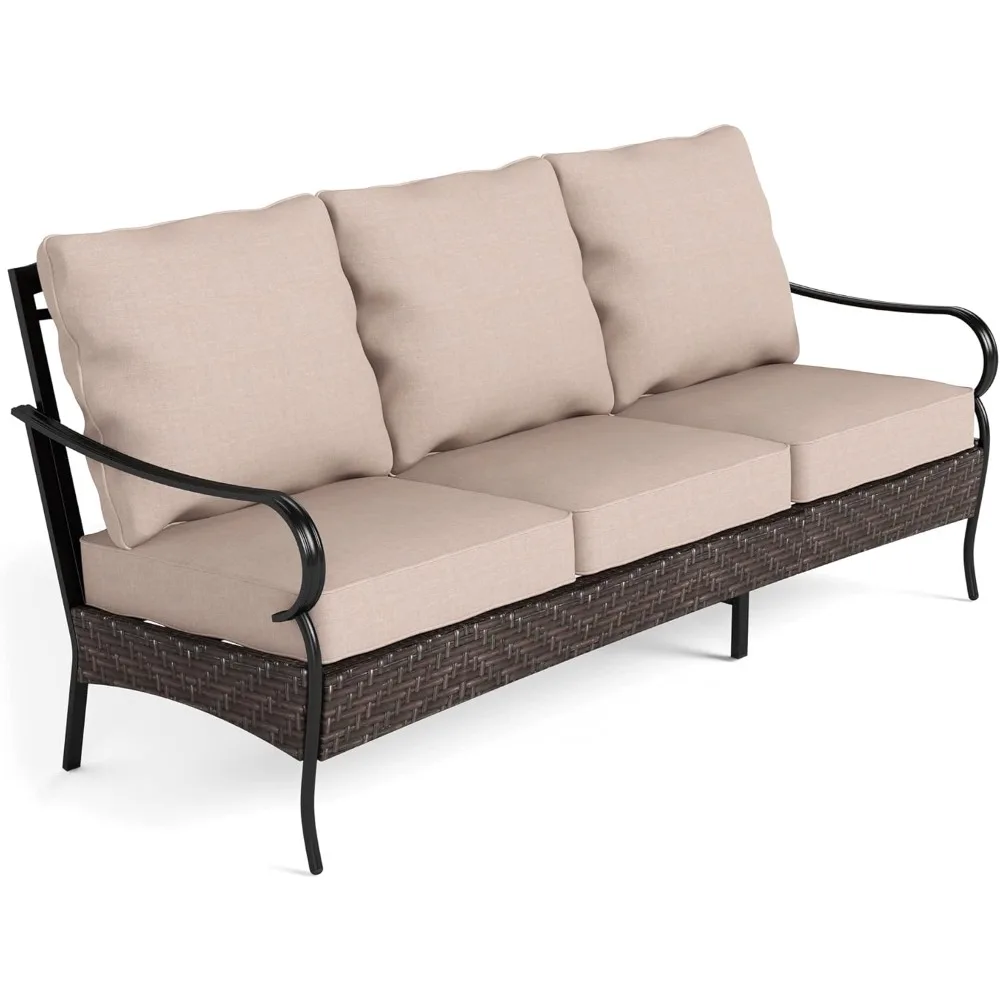 

Outdoor Patio Furniture Set, 3-Seat Metal Patio Conversation Sofa, Outdoor Rattan Wicker Conversation Sofa Set with Cushion for