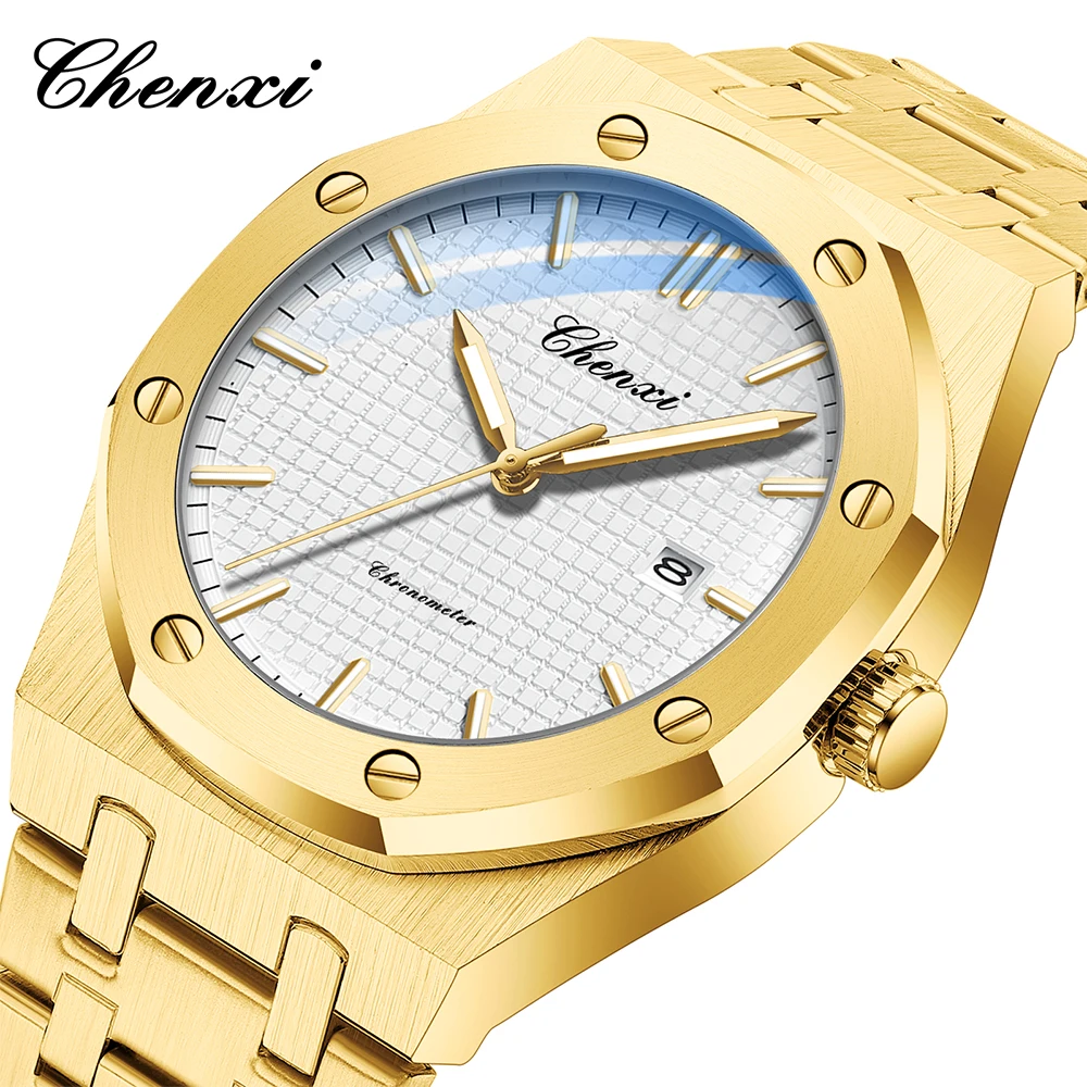 CHENXI ساعات يد رجال الأعمال باللون الذهبي والفضي، ساعات رجالية مضيئة مقاومة للماء، ساعة كوارتز للرجال