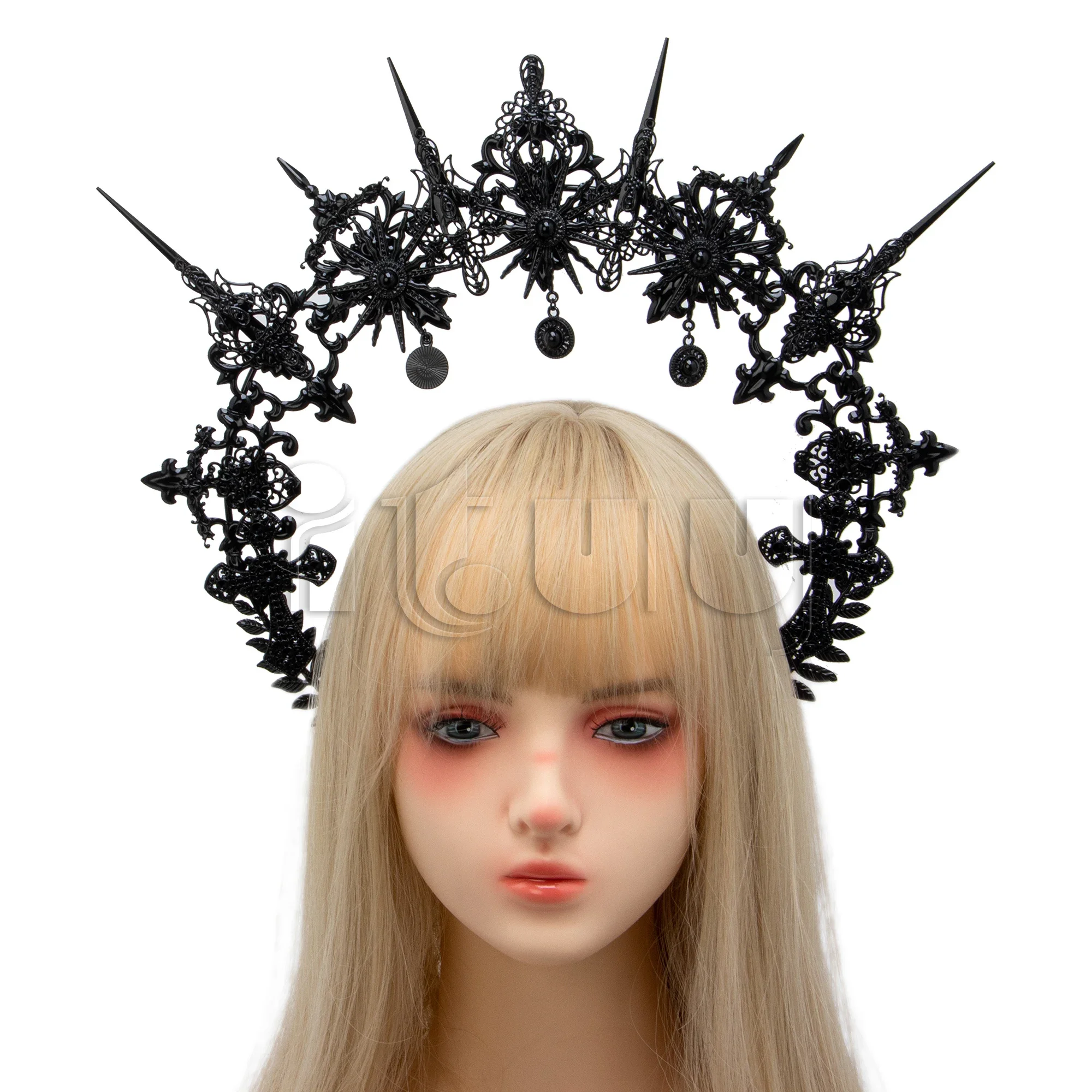 Handmade Gothic Lolita Pearl Sun Virgin Cross Crown Punk Headpiece  Black Spiked KC Halo Headband