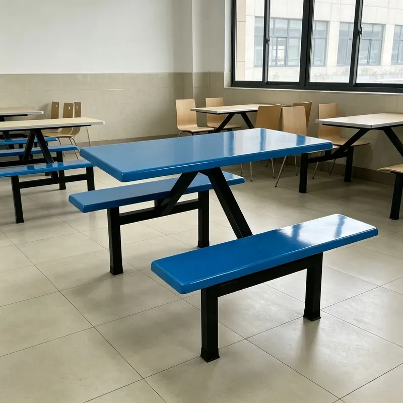 Blue FRP 4 Seater Canteen Table Set Black V Steel Frame School Dining Furniture