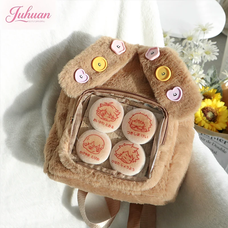 Autumn and Winter Original Daily Cute Sweet Versatile Plush Two-dimensional Double Shoulder Transparent Bar Pain Bag for Woman