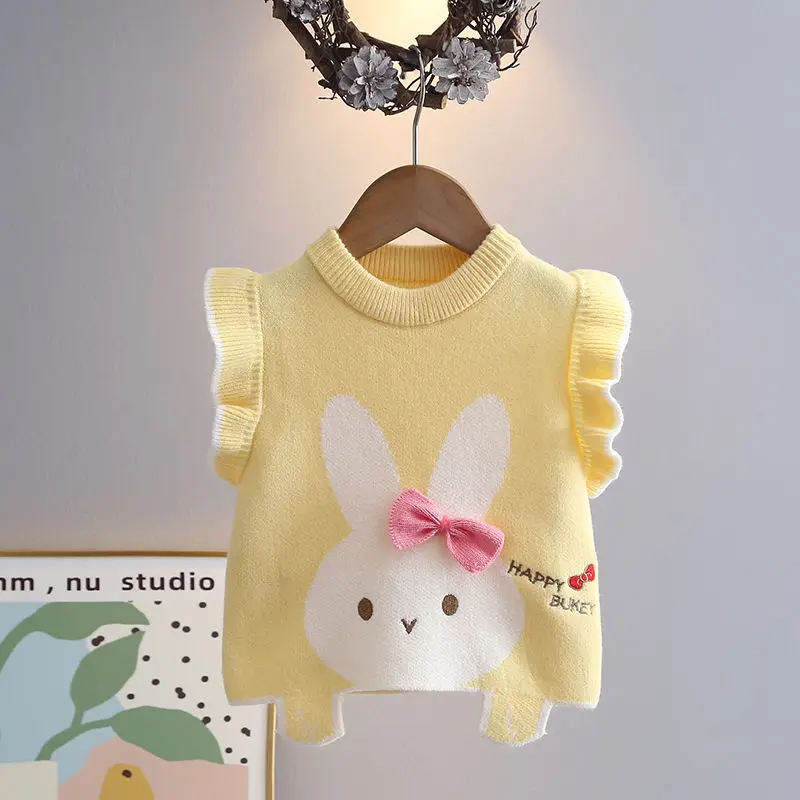 1-7Years Toddler Baby Cute Knitted Vest for Girls Rabbit Sleeveless Sweaters Infant Children O Neck Vest in Pink Yellow 2 3 4 5