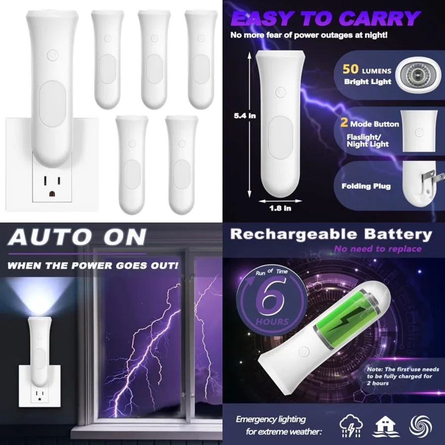 4 in 1 Emergency Lights for Home Power Failure, Rechargeable LED Flashlight Plug in Wall, Automatic Turn-On Power Outage Night