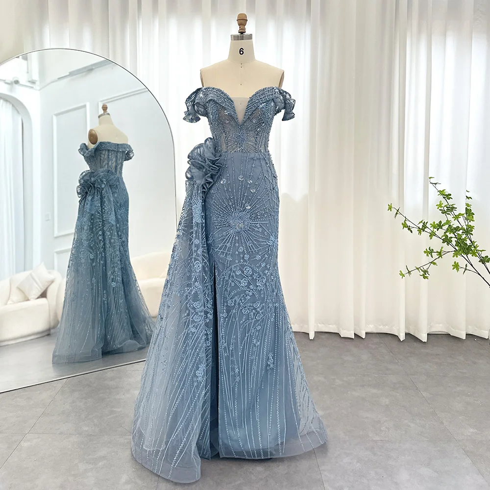 Jancember Dubai 3D Flowers Mermaid Blue Evening Dresses With Overskirt Elegant Plus Size Woman Wedding Party Gown SCZ188