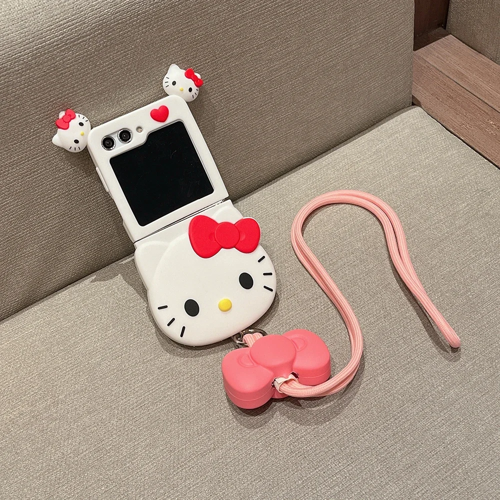 Cute Stereoscopic Sanrio Hello Kitty with Lanyard Phone Case for Samsung Galaxy Z Flip 3 4 5 5G Silica gel Soft Back Cover Girl