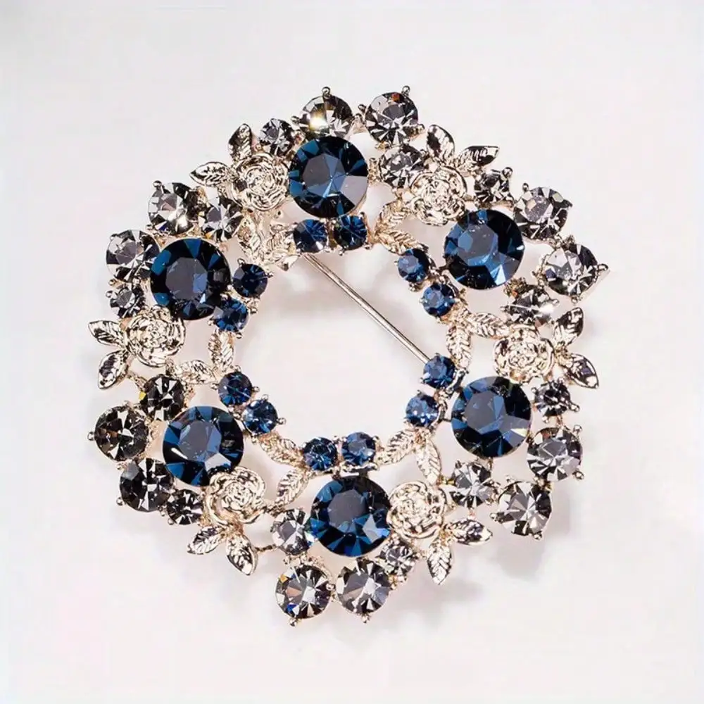 Gold-Toned Wreath Brooch - Dark Blue Crystals, Gold Rose & Leaf, Intricate Openwork Design, for Daily, Ideal for Gift