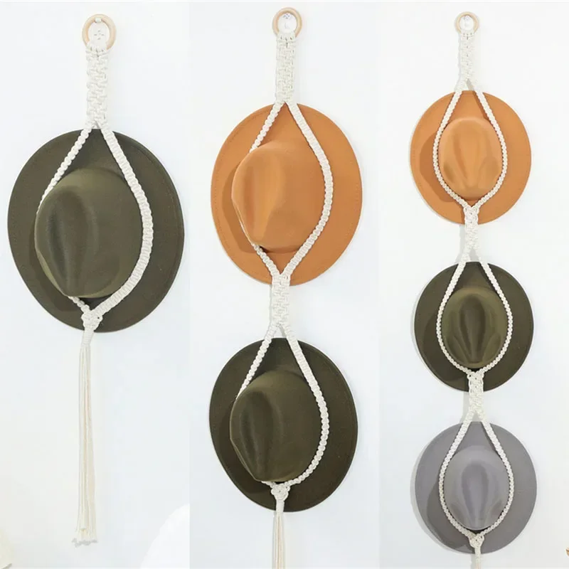 Nordic Style Boho Cotton Hanging Caps Holder Organizer Display Scarf Hat Organizer Rack Macrame Tapestry Hat Hanger Wall Storage