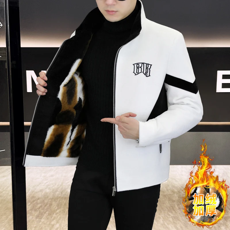 

Autumn Winter Standing Collar Woolen Jacket Men Thick Velvet Spliced Woolen Jacket Fashion Warm Casual Business Wool Blend Coat