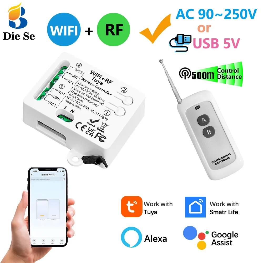 Tuya WiFi RF Garagentor-Inchschalter AC 90~250V 2-Kanal-Relais und kabellose Fernbedienung 500m Reichweite Kompatibel mit Google Assistant, Alexa