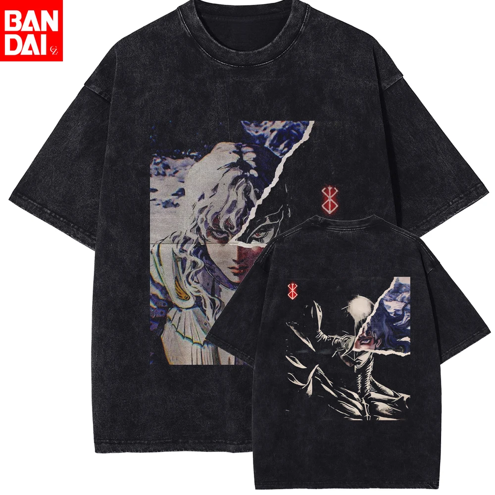 Camiseta Vintage Lavada Berserk Griffith Guts para Hombre, Camisetas con Gráficos de Anime y Manga, Ropa Urbana Hip Hop, Camisetas de Algodón Oversize
