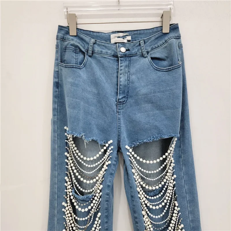 Heavy Industry Chain Decorative Washed Ripped Jeans Women's Pantalones Autumn High Waist Loose Slimming Straight Wide-leg Pants