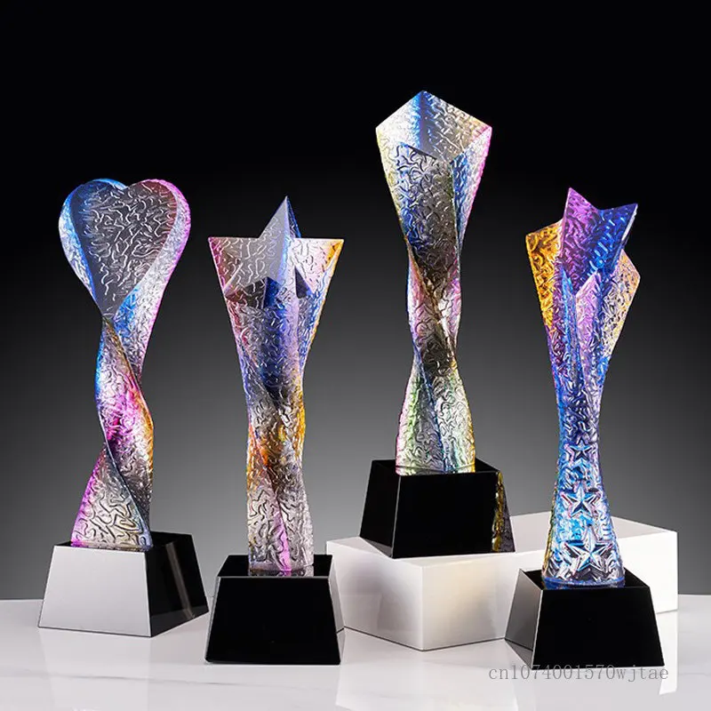 Crystal Trophy Making, Colorful, High-grade, Colored Glass, Creative, Excellent Staff Honor Award, Home Decor Engraving, New 1pc