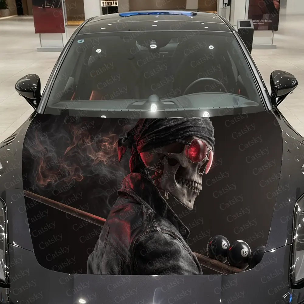Fashionable Skull Billiards Player Car Cover Decal, Auto Hood Sticker, Waterproof and Self-adhesive Auto Vinyl Wraps, Cool Car E