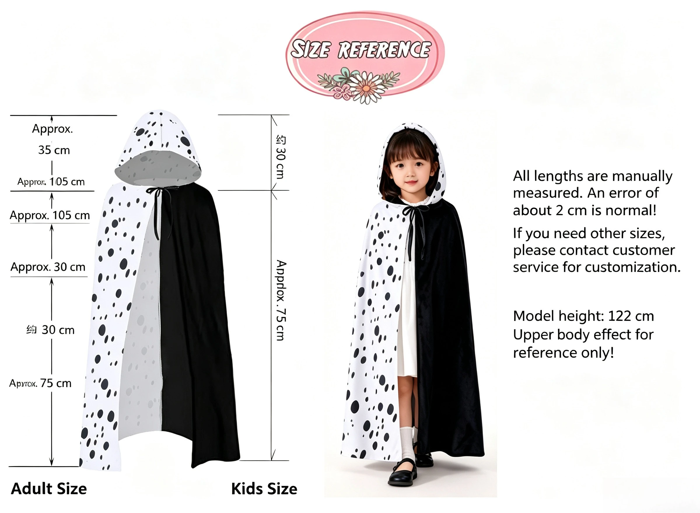 Classic Black White Polka Dot Hooded Cape Half Black Half White Cloak Dalmatian Halloween Cosplay Party Costume Accessory
