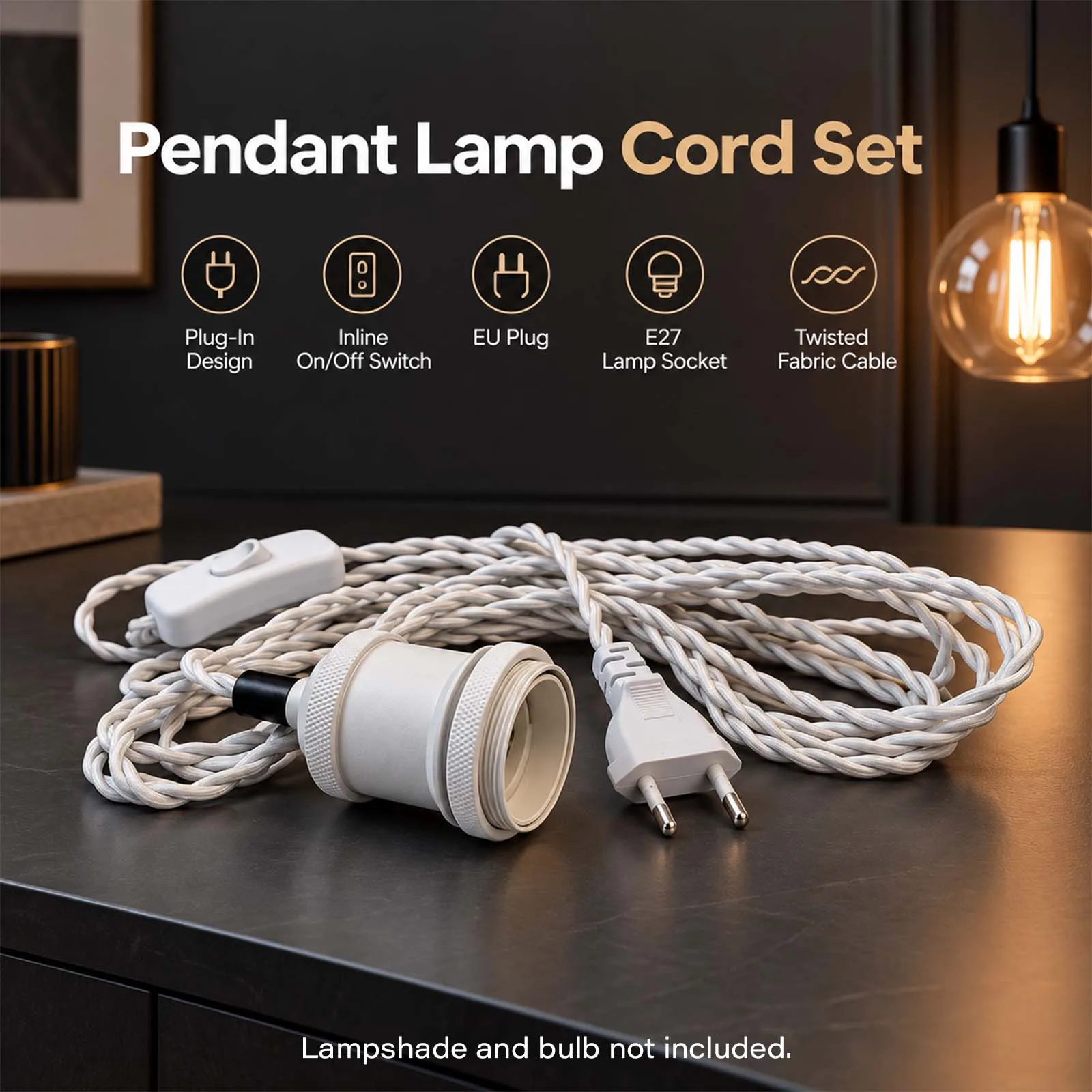 White Fabric Pendant Lamp Cord Set with E27 Socket Inline Switch EU Plug for Hanging Light DIY