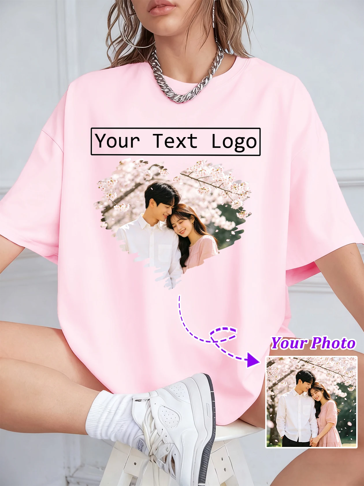 Women's Custom Personalized Couple Family Photo Cotton T Shirts Soft Loose Casual Short Sleeve Youth Simple Trendy Street Tee