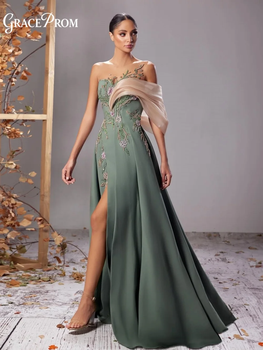 

2026 Luxury Sage Green Evening Gown Elegant Off Shoulder A Line Formal Dress For Wedding Guest With Floral Beading فساتين سهرة