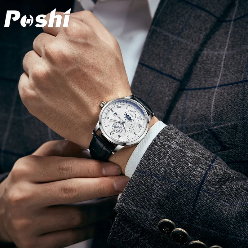 POSHI Top Brand Mens Watches Fashion Classic Quartz Wristwatch Luxury Calendar Week Display Man Watch Original Chronograph Clock