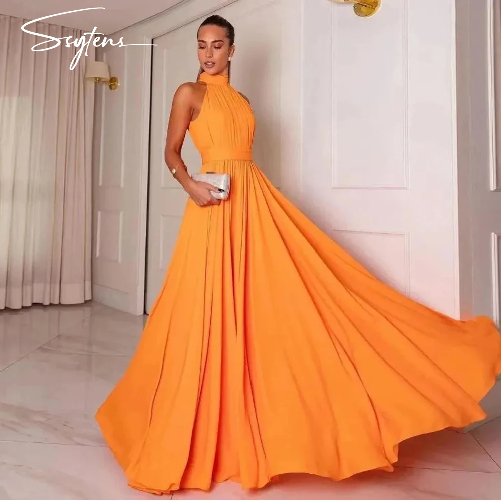 

Beach Orange A-line Pleated Chiffon Night Club Prom Dresses Elegant Sleeveless High Neck Evening Party Dress Celebrity Gowns