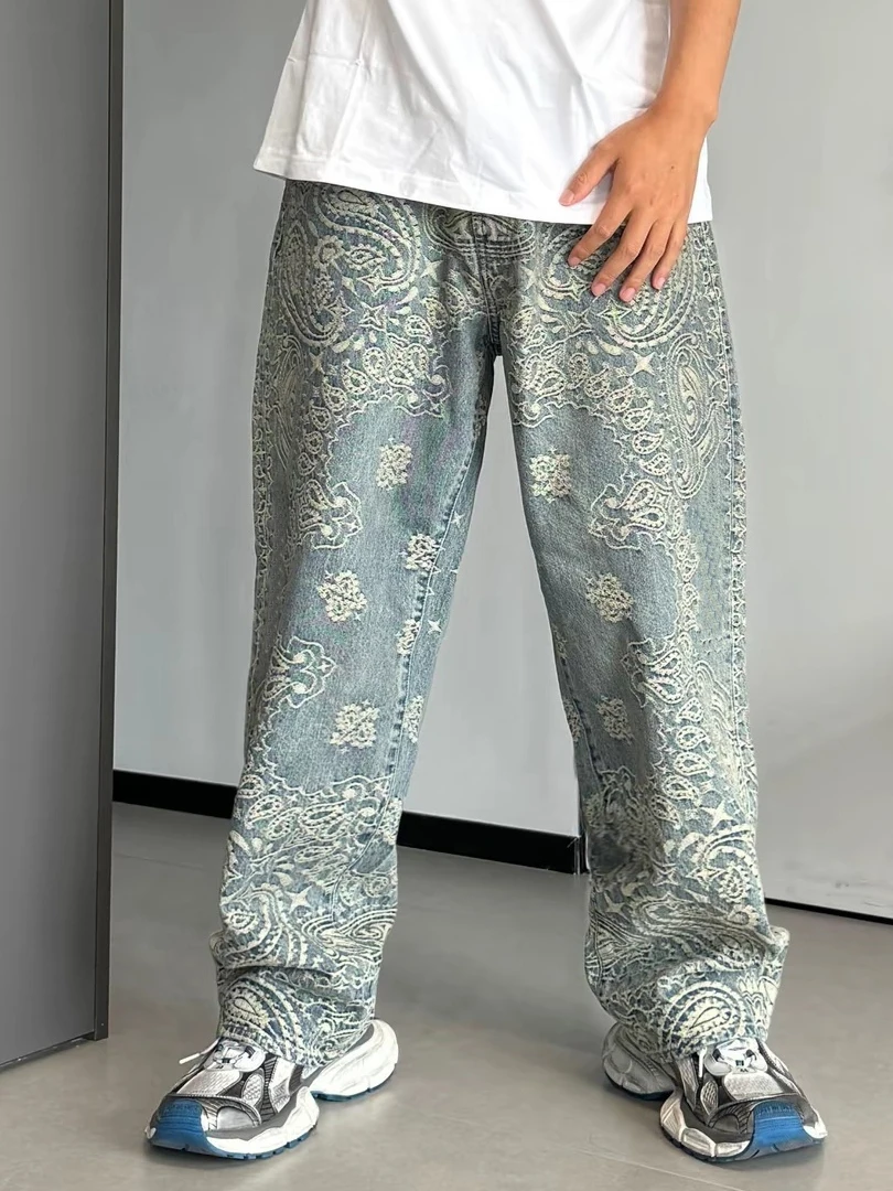 

Casual Straight Leg Jeans Bandana Jacquard Baggy Jeans Casual Pants mid Waist Zipper Fly Daily Wear Tee-acetate Fiber
