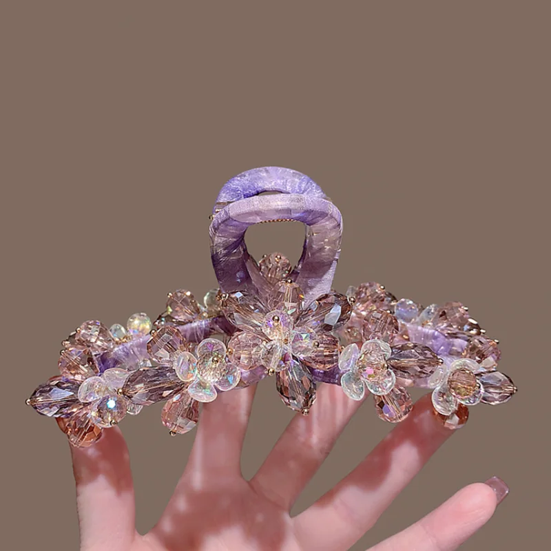 

Заколка-краб ручной работы с аметистом в форме цветка, большая, изысканная, для затылка, с большой вместимостью, супер-сказочный аксессуар для волос