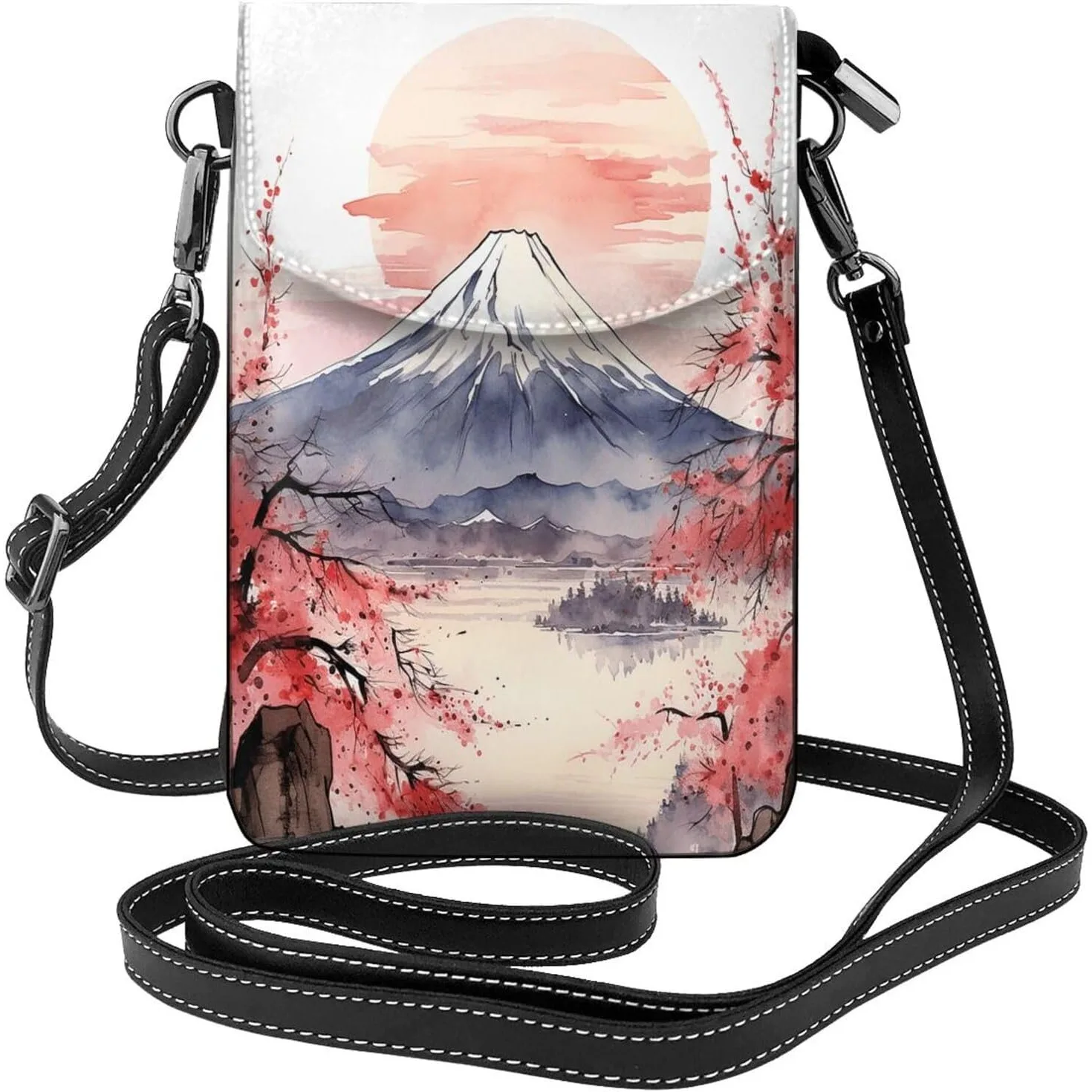 

Japanese Style Art Print Leather Crossbody Bag For Women, Small Cell Phone Purse Mini Shoulder Phone Bag Wallet Pouch