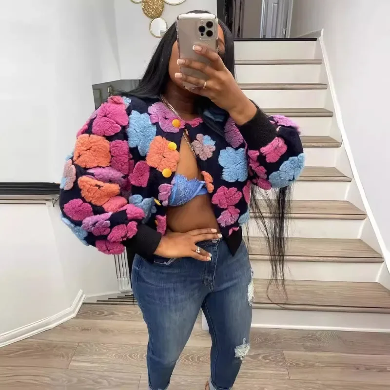 Sweet Long Sleeve Single Breasted Short Jacket Retro Three-dimensional Flower O Neck Clothing 2024 Winter New 6 Color Coat