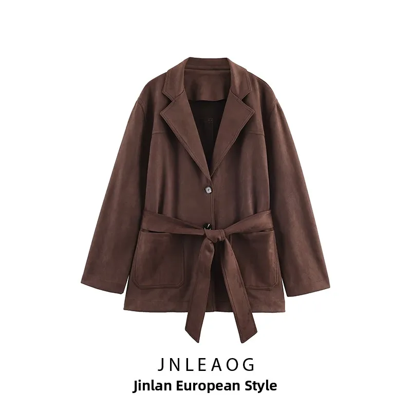 

JNLEAOG Autumn New Women's Jaet Coat Faux Suede Effect with Belt Windproof Straight Cut Long Sve Midi Single Button Closure