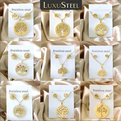 LUXUSTEEL-Conjunto de pendientes y collar de árbol de la vida de acero inoxidable para mujeres y niñas, colgante redondo hueco de circonia cúbica, joyería de boda dorada