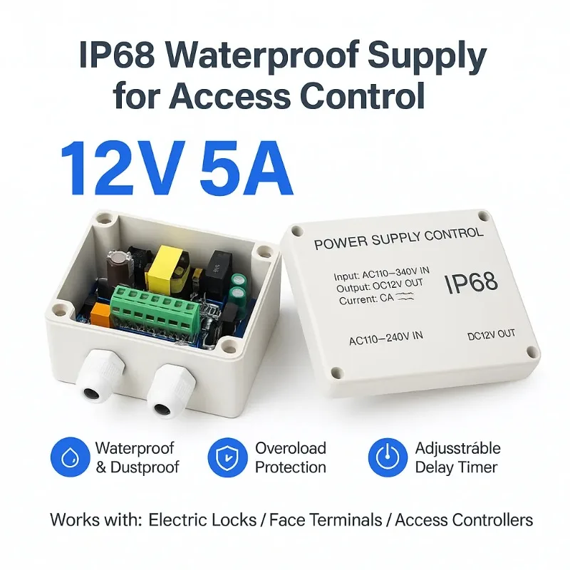 IP68 Waterproof  Access Control Power Supply DC12V 5A Adjustable Delay Timer Overload Protection for Electric Door Lock