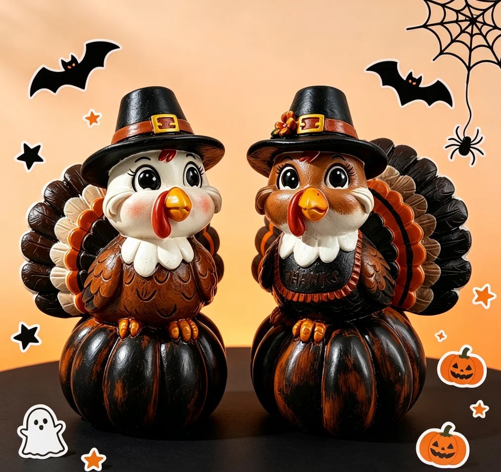 Thanksgiving Turkey Figurine Resin Pumpkin Statue Fall Harvest Tabletop Ornament for Home Kitchen Party Desktop Decoration Gift