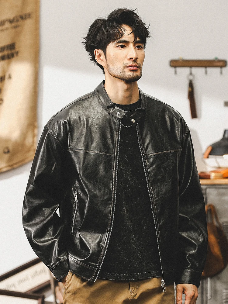 الأمريكية الرجعية الوزن الثقيل دراجة نارية جلدية Jaet الرجال فضفاض الخريف العصرية العلامة التجارية Merald Haome العمل الجلود Jaet الرجال