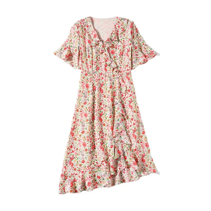 100% Real Mulberry Silk Dress Summer New Slim-fit Fashion Flora Printed Dress French Ruffled Short Sleeve A-line Real Silk Dress