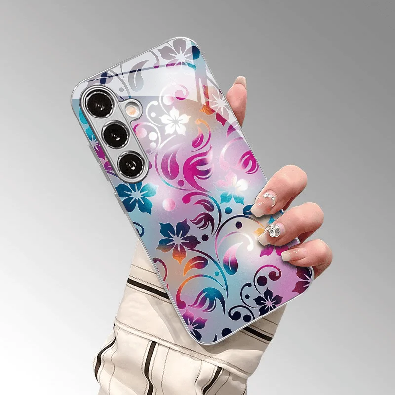 Colorful flower pattern electroplated glass phone case for Samsung Galaxy S26 S25 S24 S23 S22 S20 FE/Ultra/Plus anti drop Cover