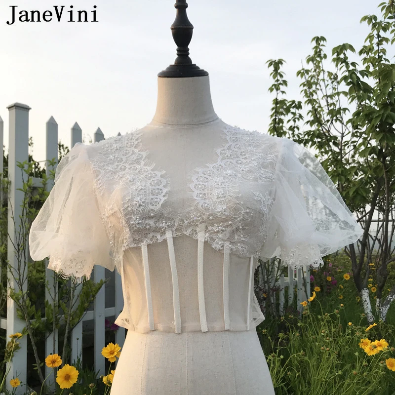 

JaneVini Pearls Lace Women Wedding Jacket Bolero Sexy V-Neck Transparent Tulle Bridal Cape Wraps for Wedding Dress Shrugs Button