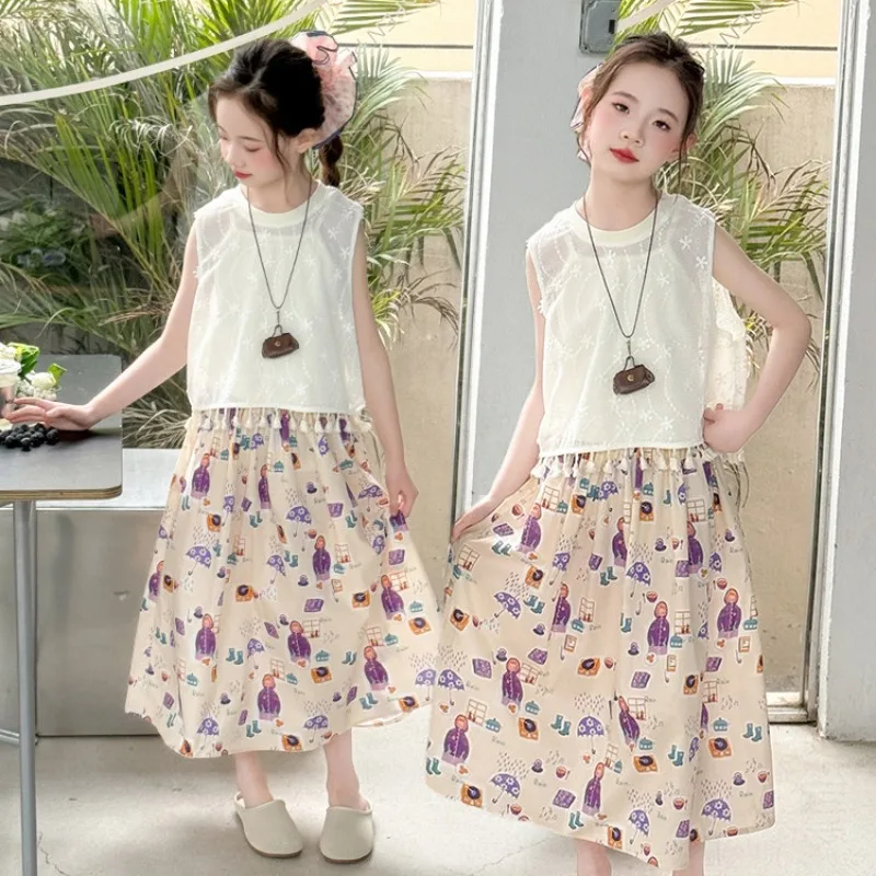 Girls Summer Clothing Set Bohemian Style Fashion Children's Vest + Camisole + Skirt Three-Piece Set Cute