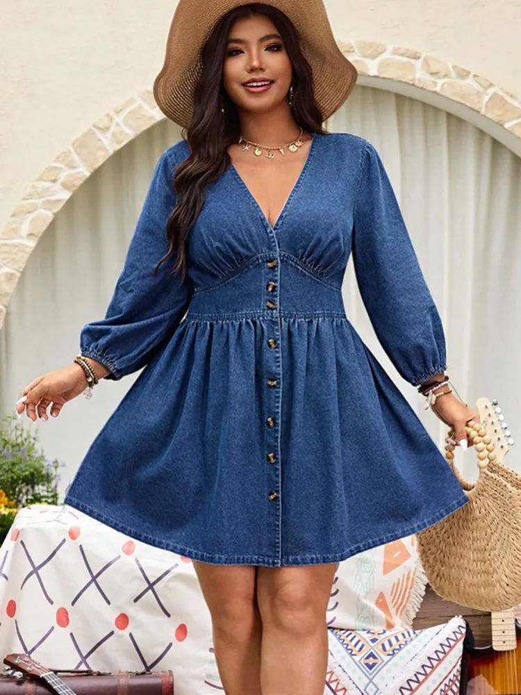 

XL-5XL Одежда больших размеров Платья Женские халаты Осень Зима Свободный уличный стиль Повседневная 3XL 4XL Большой размер Джинсовое мини-платье большого размера